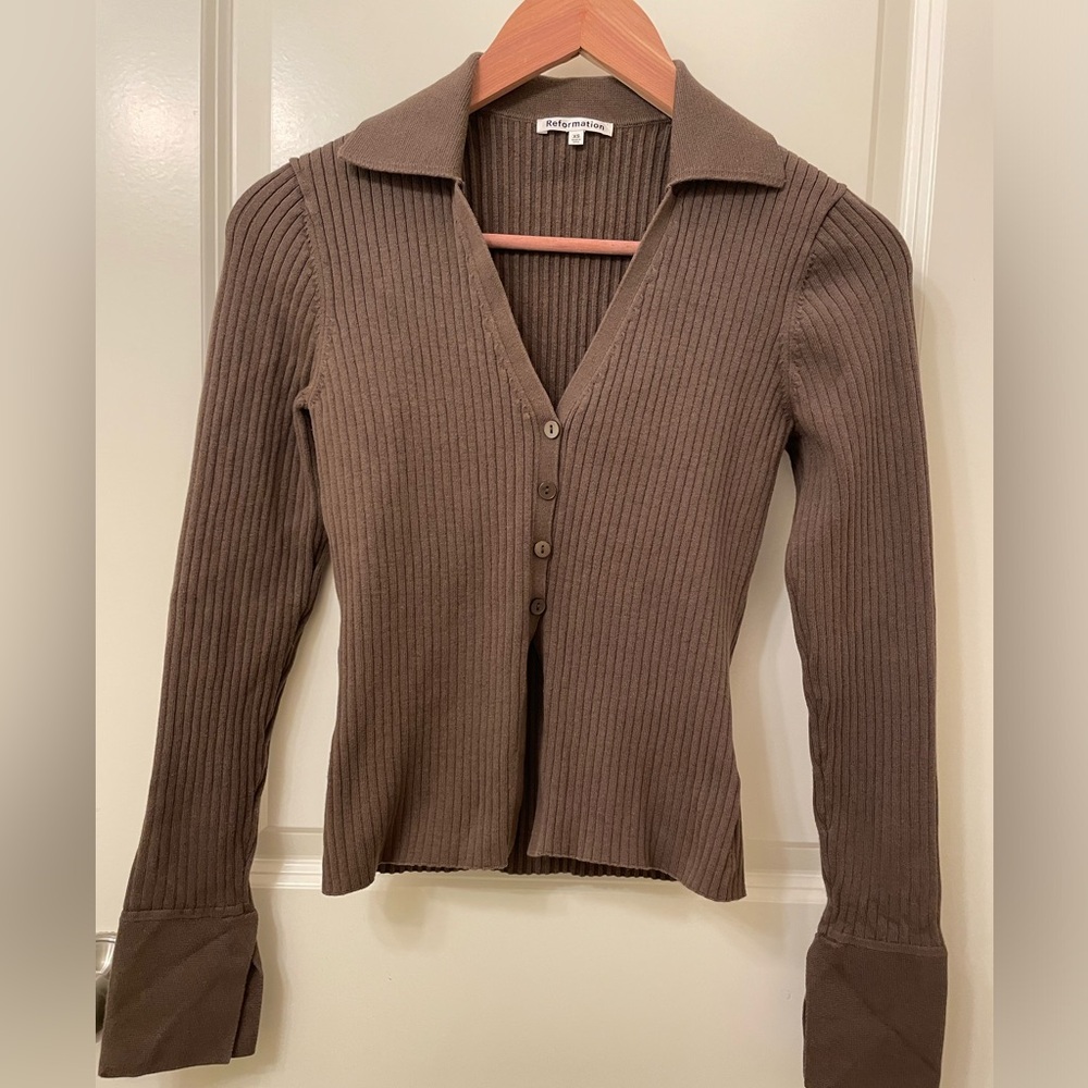 Reformation — Olive Green Sweater Polo with Cutout - XS